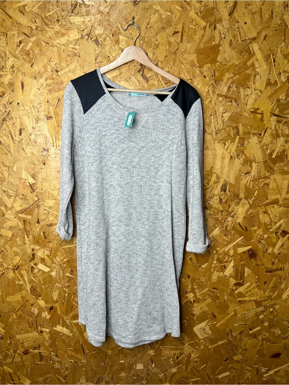 Maurices Taupe Knit Long Sleeve Dress with Black Shoulder Panels